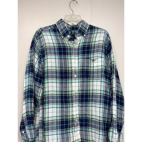 Vineyard Vines Mens Shirt Plaid Linen Slim Fit Trucker Shirt Medium Blue Green W - Picture 2 of 8